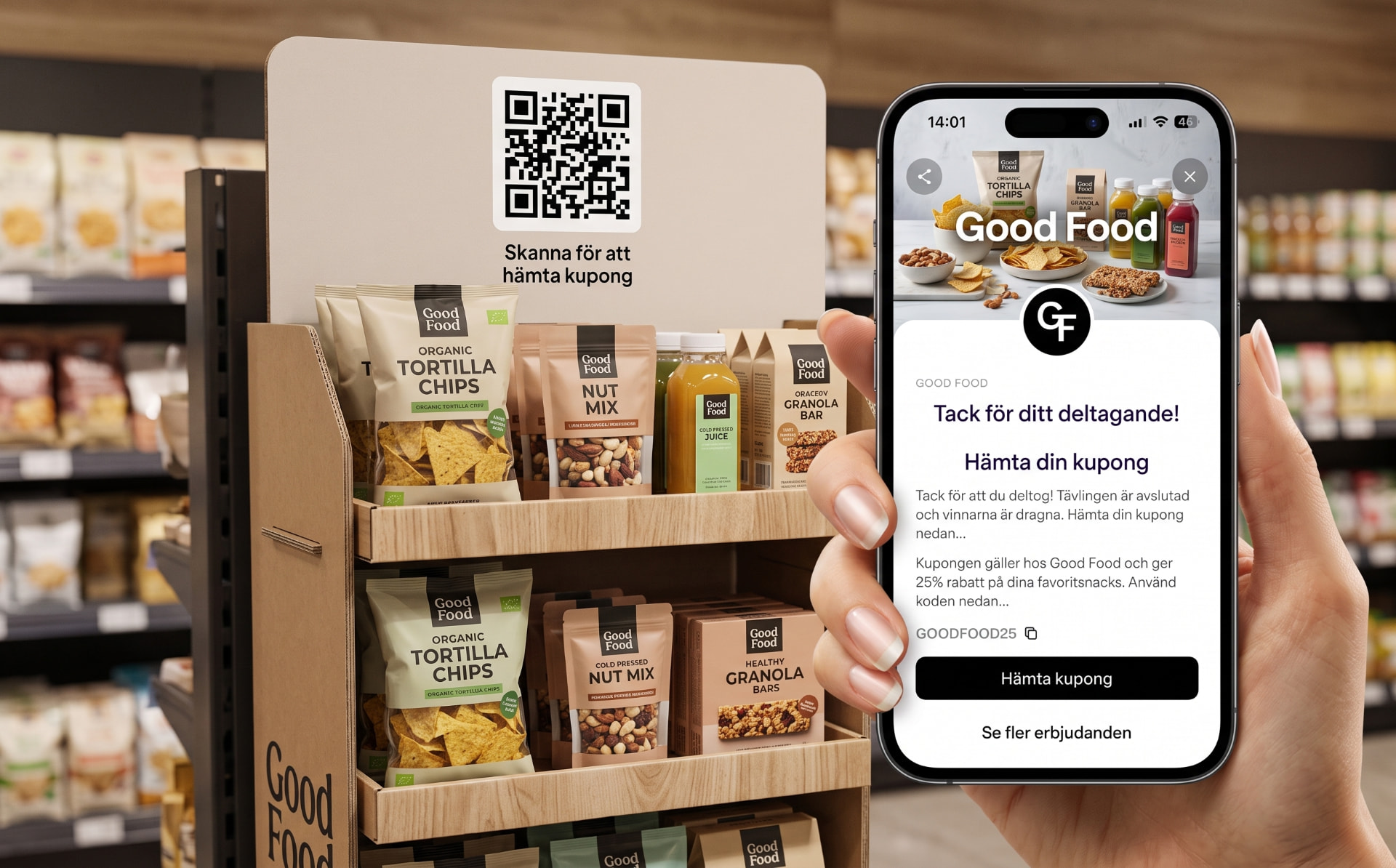 Produktdisplay med QR-kod och mobil som visar kupong efter tävling.
