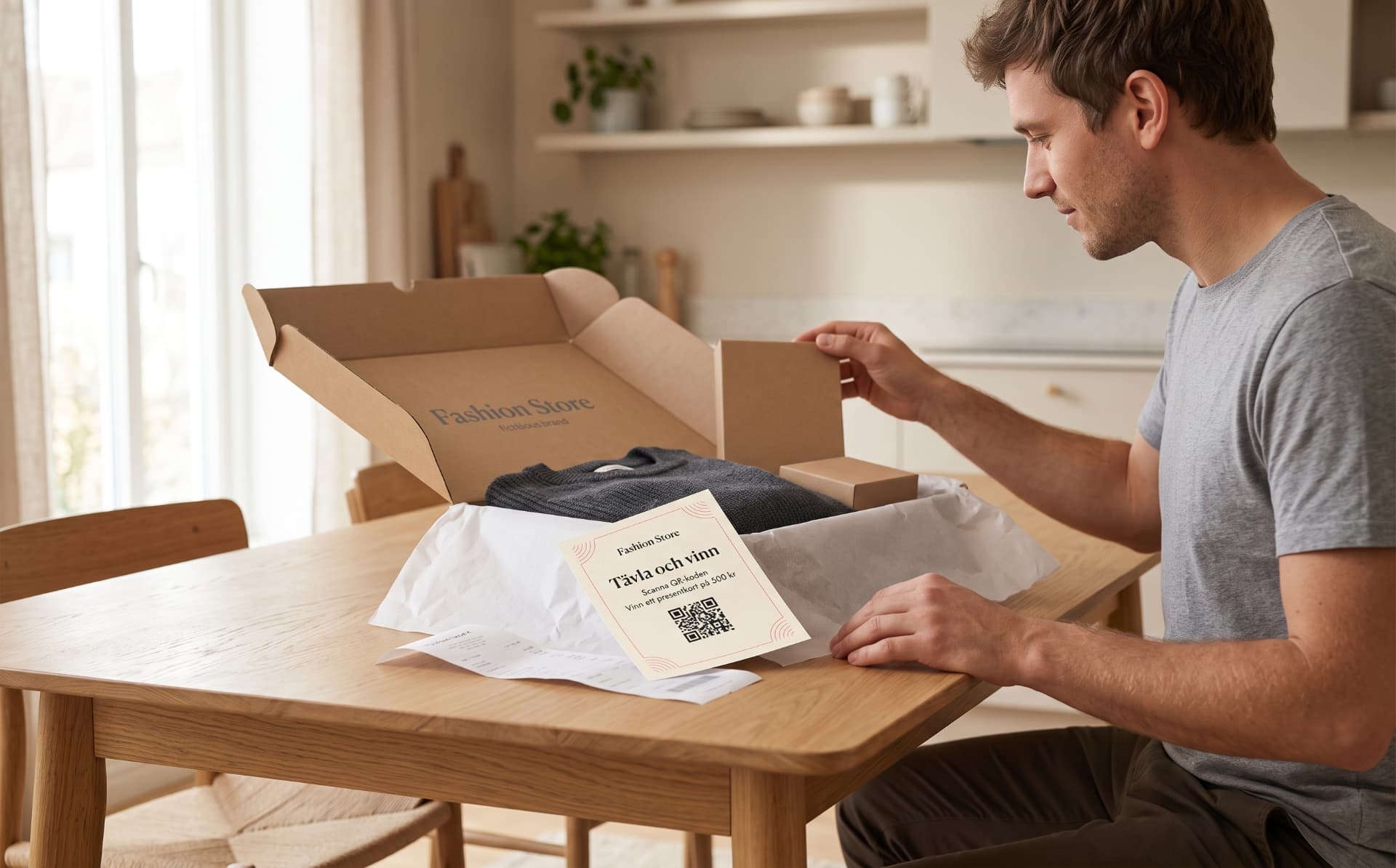 Kund som tar emot ett paket och skannar ett erbjudande med mobilen. Kund som tar emot ett paket och skannar ett erbjudande med mobilen.